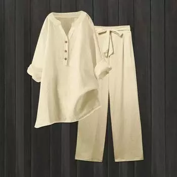Женская модная свободная однотонная рубашка с V-образным вырезом и длинными рукавами, топ с завязками и карманами, прямые брюки XXL бежевый