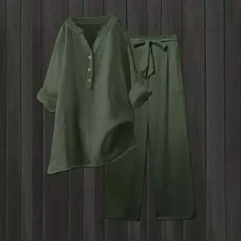 Женская модная свободная однотонная рубашка с V-образным вырезом и длинными рукавами, топ с завязками и карманами, прямые брюки L армия зеленый