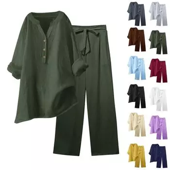 Женская модная свободная однотонная рубашка с V-образным вырезом и длинными рукавами, топ с завязками и карманами, прямые брюки L армия зеленый