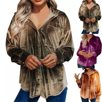 Женская модная свободная однотонная рубашка золотистого бархата с длинным рукавом L горячий розовый