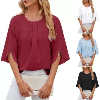 Женская модная свободная однотонная свободная футболка с круглым вырезом и рукавами 5/4 L чёрный