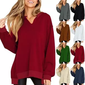 Женская модная свободная однотонная толстовка с v-образным вырезом и нерегулярным подолом, пуловер с капюшоном в стиле пэчворк XL