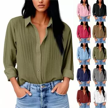 Женская модная свободная плиссированная однобортная рубашка из хлопка и льна с длинным рукавом и разрезными лацканами L армия зеленый