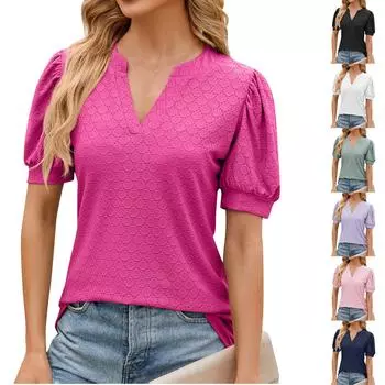 Женская модная свободная плиссированная свободная футболка с короткими рукавами и v-образным вырезом L чёрный