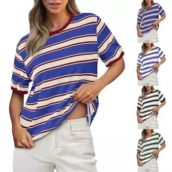 Женская модная свободная полосатая контрастная футболка с круглым вырезом и короткими рукавами XXL синий