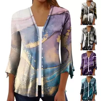 Женская модная свободная повседневная блузка на пуговицах с рукавами из семи частей и принтом, кардиган, топ M чёрный