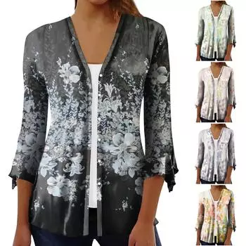 Женская модная свободная повседневная блузка на пуговицах с рукавами из семи частей и принтом, кардиган, топ XL чёрный
