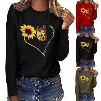 Женская модная свободная повседневная футболка с длинным рукавом и круглым вырезом, однотонная футболка с принтом