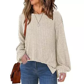 Женская модная свободная повседневная футболка с круглым вырезом и длинным рукавом, однотонный топ L бежевый