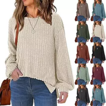 Женская модная свободная повседневная футболка с круглым вырезом и длинным рукавом, однотонный топ L бежевый