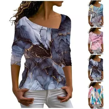 Женская модная свободная повседневная футболка с наклонным воротником и принтом, топ с длинными рукавами L розовый