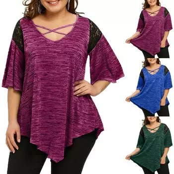 Женская модная свободная повседневная футболка с v-образным вырезом и кружевной строчкой больших размеров, рубашка