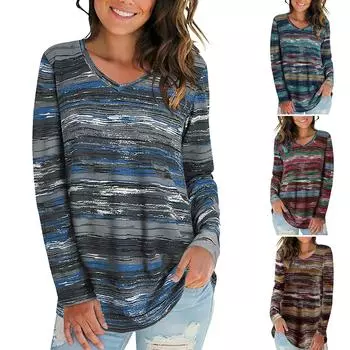 Женская модная свободная повседневная футболка с v-образным вырезом и длинными рукавами с принтом XXL кофейный