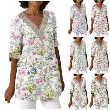 Женская модная свободная повседневная кружевная лоскутная футболка с v-образным вырезом и принтом, топ XXL