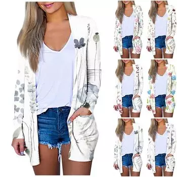 Женская модная свободная повседневная куртка-кардиган с карманом и цветочным принтом, топы с длинными рукавами L