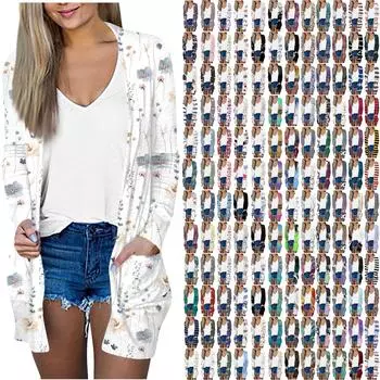 Женская модная свободная повседневная куртка-кардиган средней длины с длинными рукавами и принтом, топ L синий