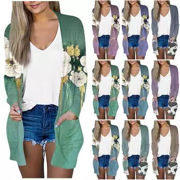 Женская модная свободная повседневная куртка-кардиган средней длины с длинными рукавами и принтом, топ XXXXL фиолетовый