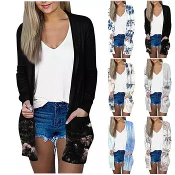 Женская модная свободная повседневная куртка-кардиган средней длины с длинными рукавами и принтом, топ XXXXL бежевый
