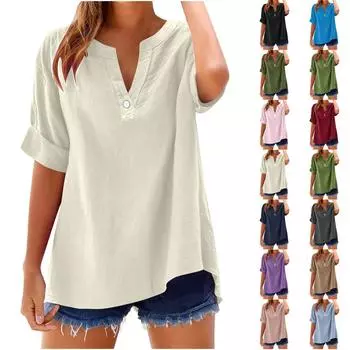 Женская модная свободная повседневная летняя футболка с V-образным вырезом и коротким рукавом L армия зеленый