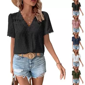 Женская модная свободная повседневная летняя рубашка с V-образным вырезом и коротким рукавом, однотонная L армия зеленый