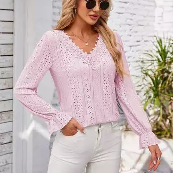 Женская модная свободная повседневная пуловерная футболка с v-образным вырезом и длинным рукавом S белый