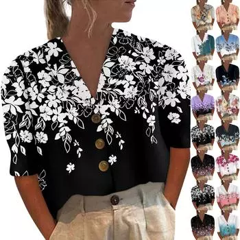 Женская модная свободная повседневная рубашка-кардиган с короткими рукавами и пуговицами с отворотом, футболка с принтом, топ