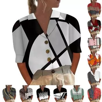 Женская модная свободная повседневная рубашка-кардиган с короткими рукавами и пуговицами с отворотом, футболка с принтом, топ XL