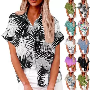 Женская модная свободная повседневная рубашка с коротким рукавом и отворотом на пуговицах, футболка с принтом, топ L