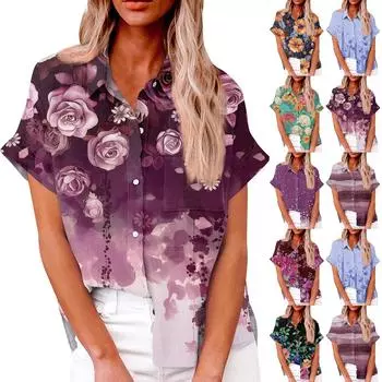 Женская модная свободная повседневная рубашка с коротким рукавом и отворотом на пуговицах, футболка с принтом, топ L чёрный