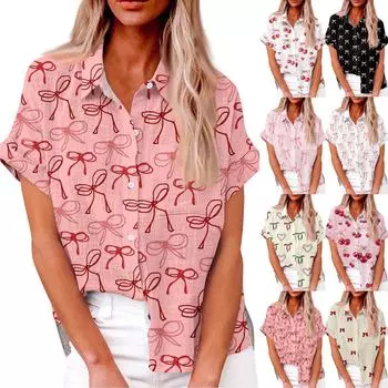 Женская модная свободная повседневная рубашка с коротким рукавом и лацканами на пуговицах с принтом в виде банта XXL хаки