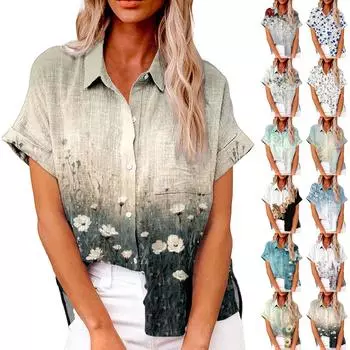 Женская модная свободная повседневная рубашка с коротким рукавом и отворотом на пуговицах, футболка с принтом, топ L чёрный