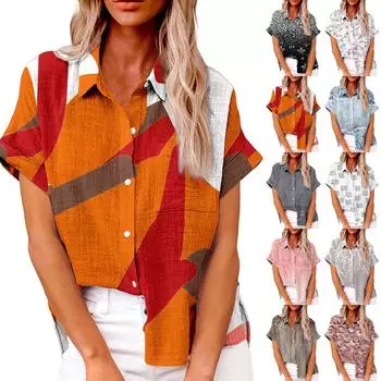 Женская модная свободная повседневная рубашка с короткими рукавами и отворотами на пуговицах с принтом и карманной футболкой Топ L чёрный