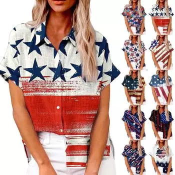 Женская модная свободная повседневная рубашка с короткими рукавами и отворотами на пуговицах с принтом и карманной футболкой Топ L