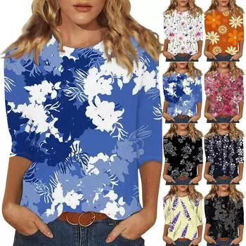 Женская модная свободная повседневная рубашка с рукавом три четверти и круглым вырезом, ботанический цветочный принт L бежевый