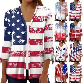 Женская модная свободная повседневная рубашка с семью рукавами и принтом на День независимости, кардиган, топ L синий