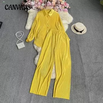 Женская модная свободная рубашка больших размеров с длинными рукавами и плиссировкой, высокая талия, вертикальные цилиндрические брюки, комплект из двух предметов one size королевский синий