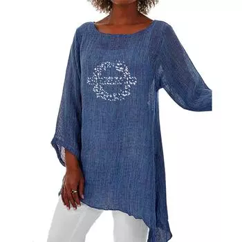 Женская модная свободная рубашка на весну и лето, повседневная льняная рубашка с длинным рукавом 3/4 и тонким верхом с принтом, большие размеры с круглым воротником S белый