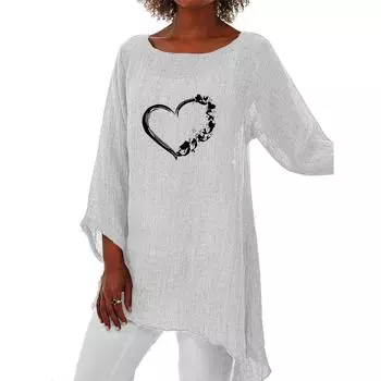 Женская модная свободная рубашка на весну и лето, повседневная льняная рубашка с длинным рукавом 3/4 и тонким верхом с принтом, большие размеры с круглым воротником S белый