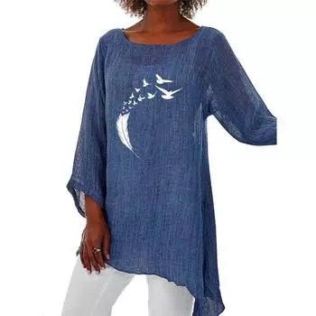 Женская модная свободная рубашка на весну и лето, повседневная льняная рубашка с тонким верхом с рукавом 3/4 и принтом, большие размеры с круглым воротником S белый