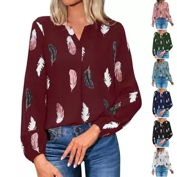 Женская модная свободная рубашка-пуловер с длинными рукавами и v-образным вырезом с принтом перьев XXXXL белый