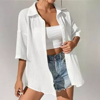 Женская модная свободная рубашка с полурукавом однотонная повседневная защита от солнца L белый