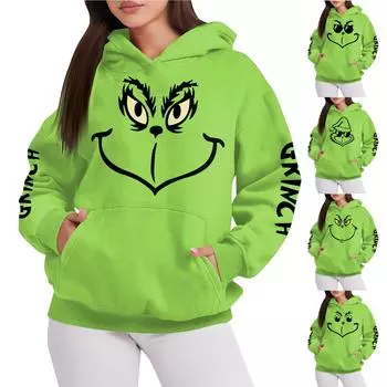 Женская модная свободная толстовка с длинными рукавами и круглым вырезом, плюшевая толстовка с рождественским принтом, топ L зелёный