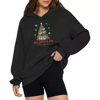 Женская модная свободная толстовка с капюшоном и рождественским принтом, длинный рукав, пуловер L чёрный