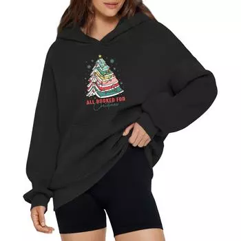 Женская модная свободная толстовка с капюшоном и рождественским принтом, длинный рукав, пуловер L чёрный