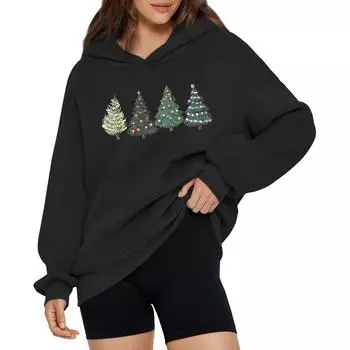 Женская модная свободная толстовка с капюшоном и рождественским принтом, длинный рукав, пуловер L чёрный