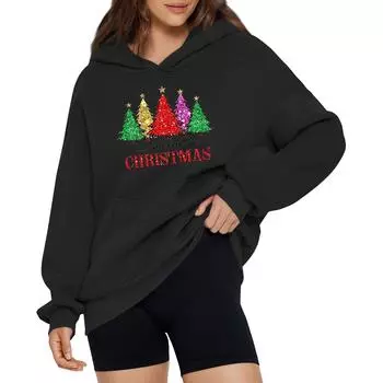 Женская модная свободная толстовка с капюшоном и рождественским принтом, длинный рукав, пуловер L чёрный