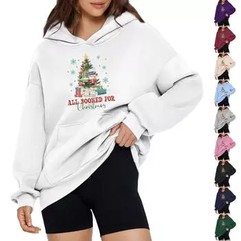 Женская модная свободная толстовка с капюшоном и рождественским принтом, длинный рукав, пуловер L чёрный