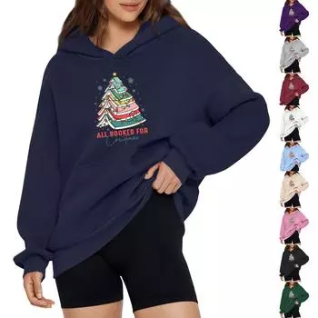 Женская модная свободная толстовка с капюшоном и рождественским принтом, длинный рукав, пуловер XXL чёрный