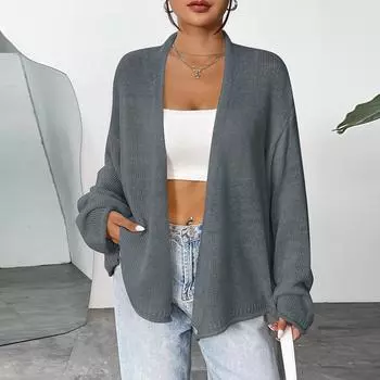 Женская модная свободная тонкая вязаная куртка-кардиган, осенняя однотонная повседневная верхняя одежда, кардиган L синий