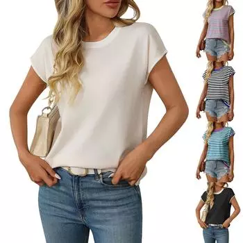 Женская модная свободная трикотажная футболка с круглым вырезом, повседневная полосатая контрастная цветовая гамма, свитер L бежевый